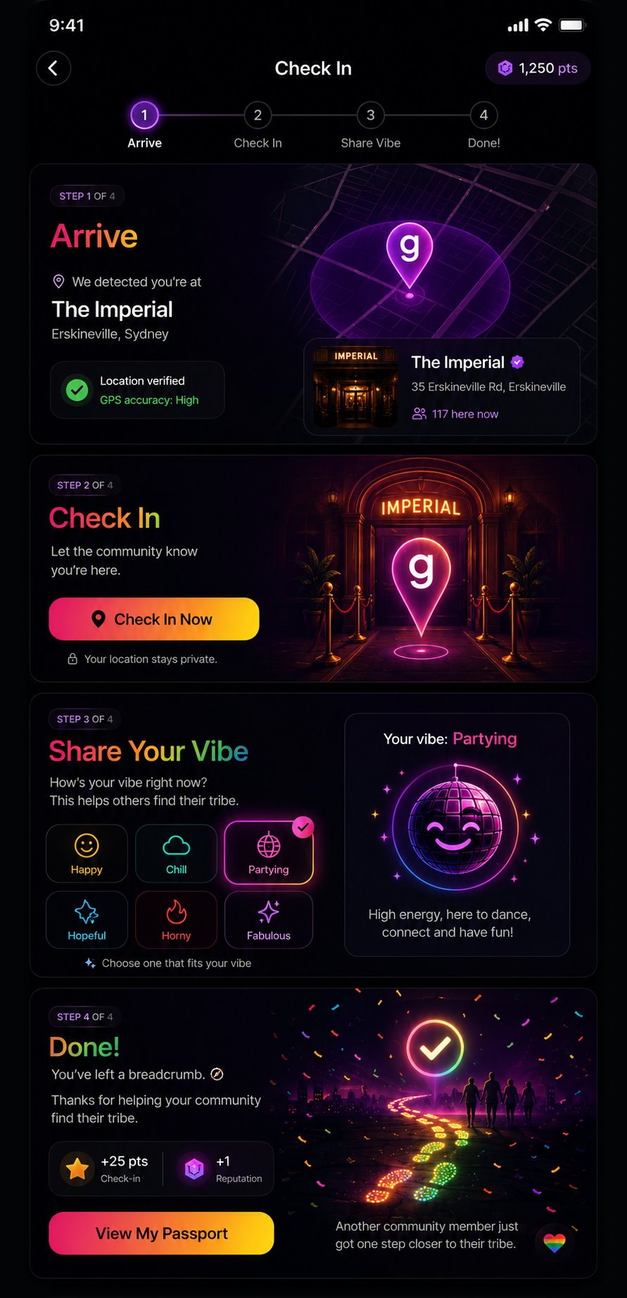 Gayze screen showing a venue check-in being shared as a breadcrumb
