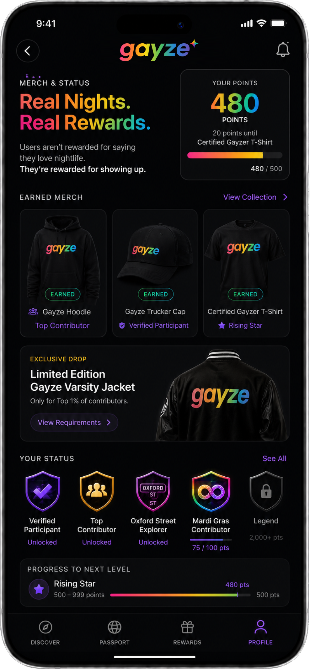 Gayze rewards screen showing points and earned merch for showing up