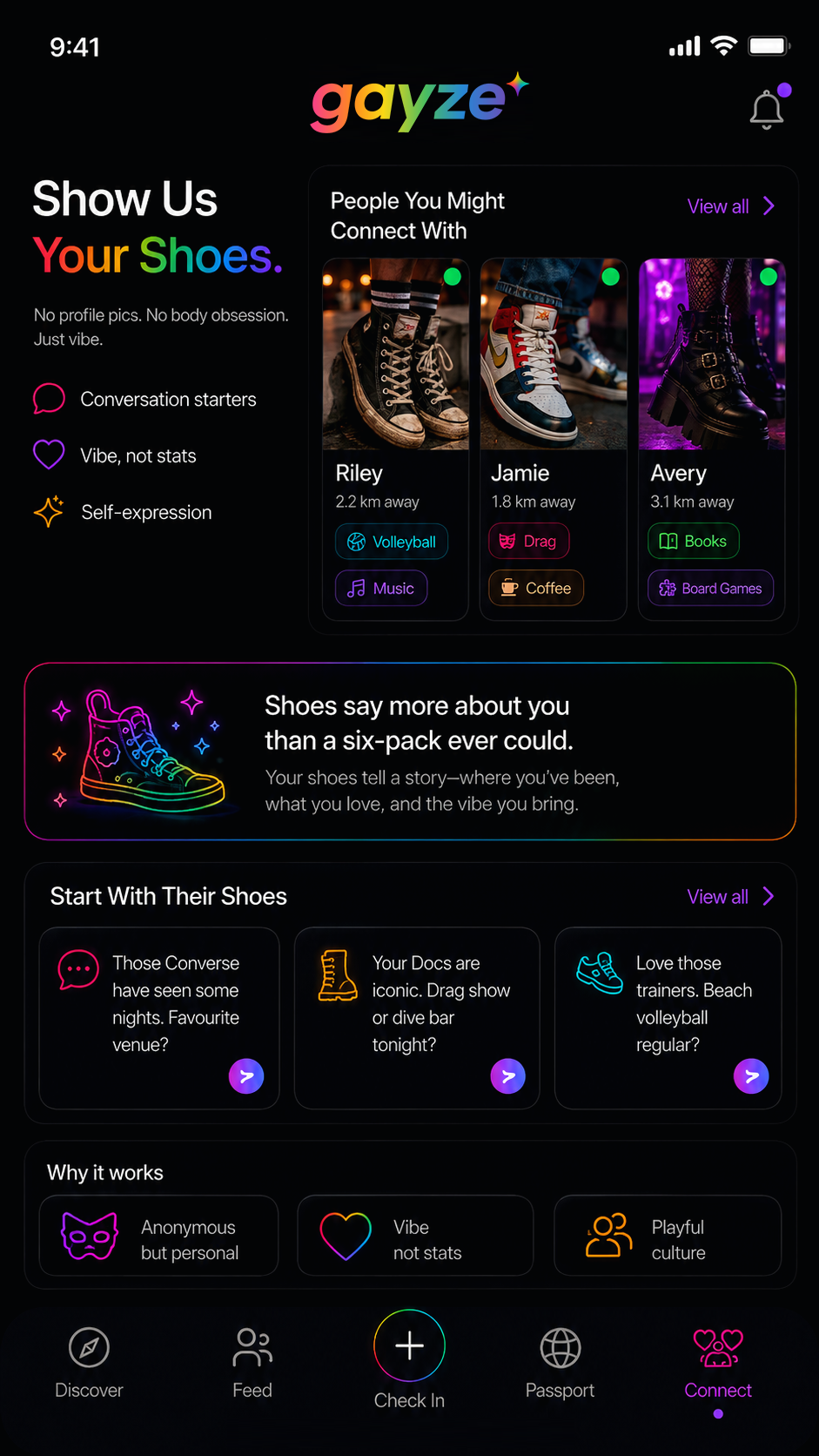 Gayze screen showing a community member's shared interests and vibe, no photos required