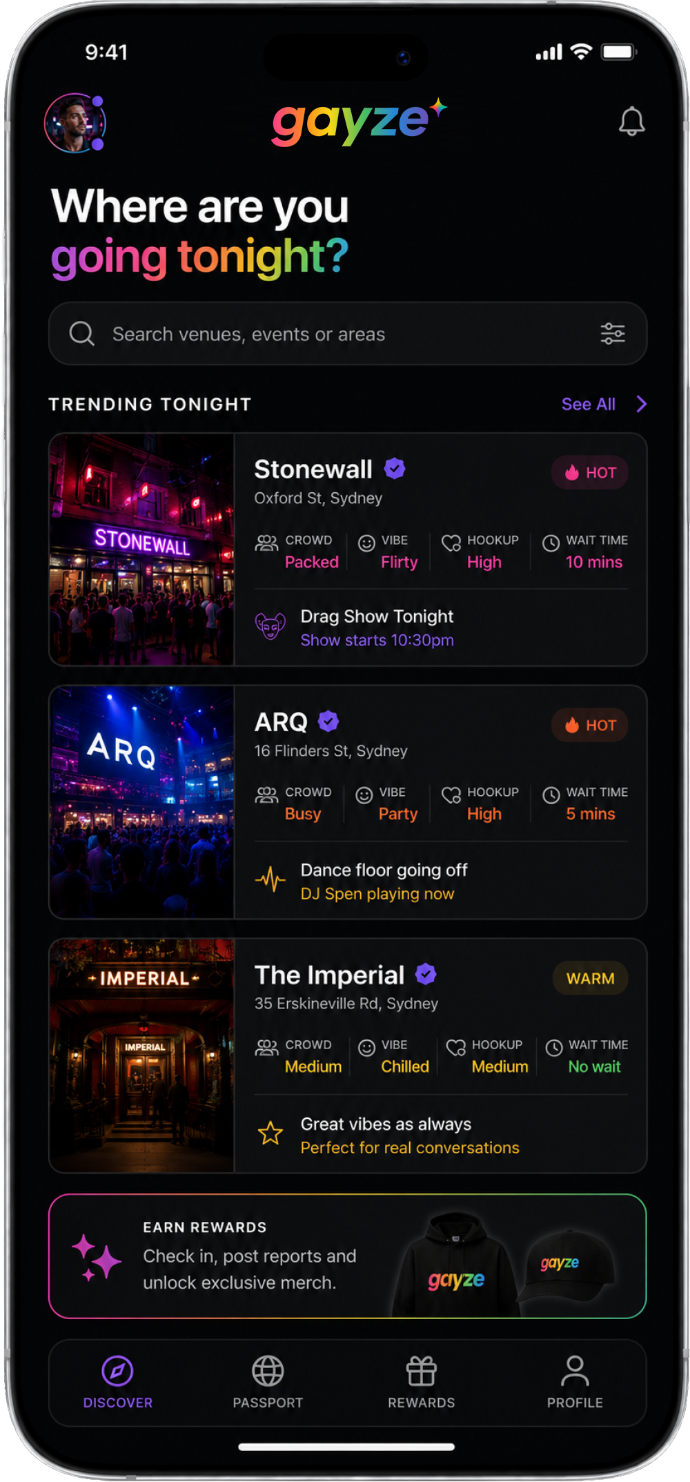 Gayze discover screen showing trending venues tonight with live crowd, vibe and wait-time reports