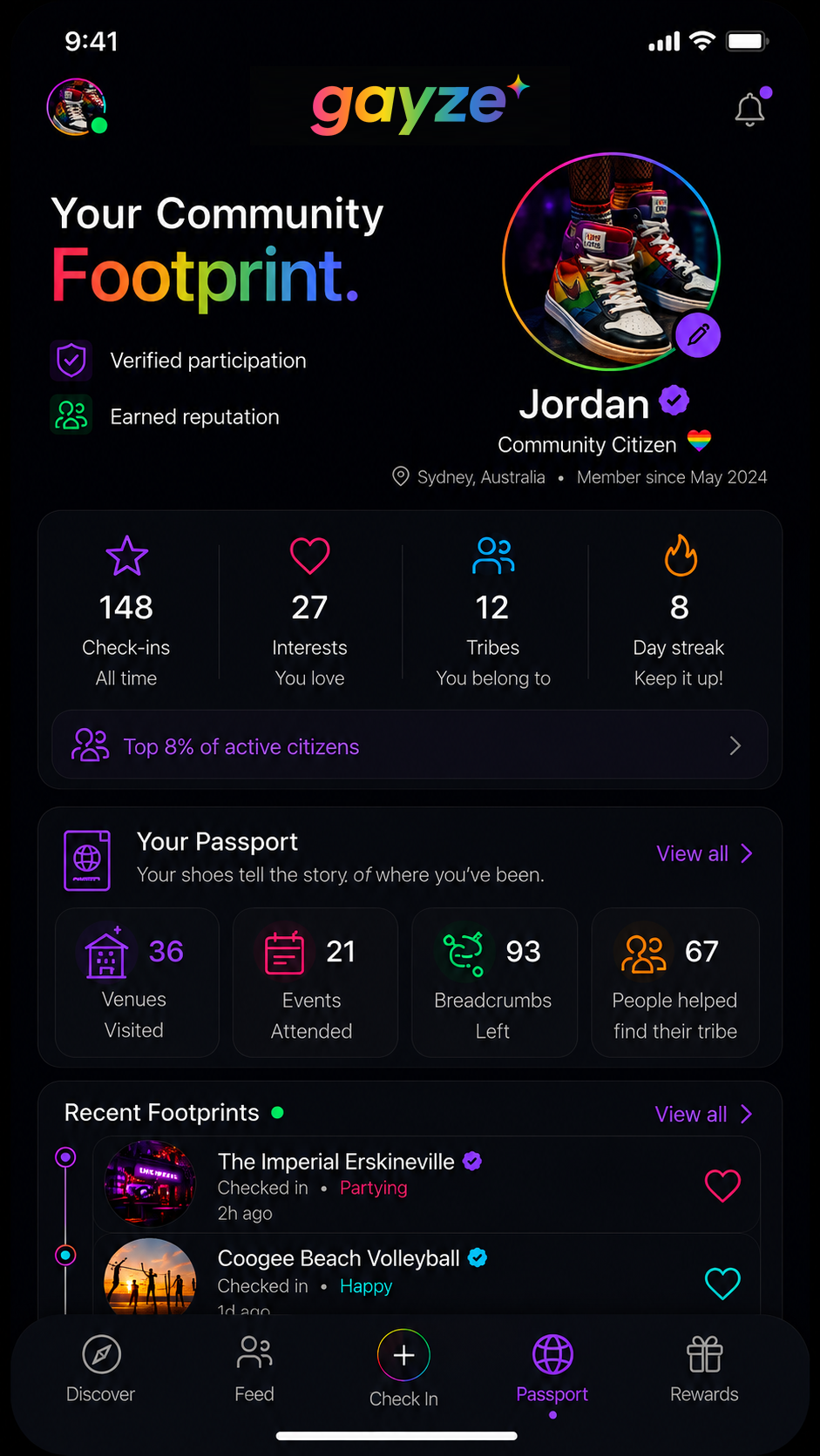 Gayze community footprint screen showing a member's ownership status in the community